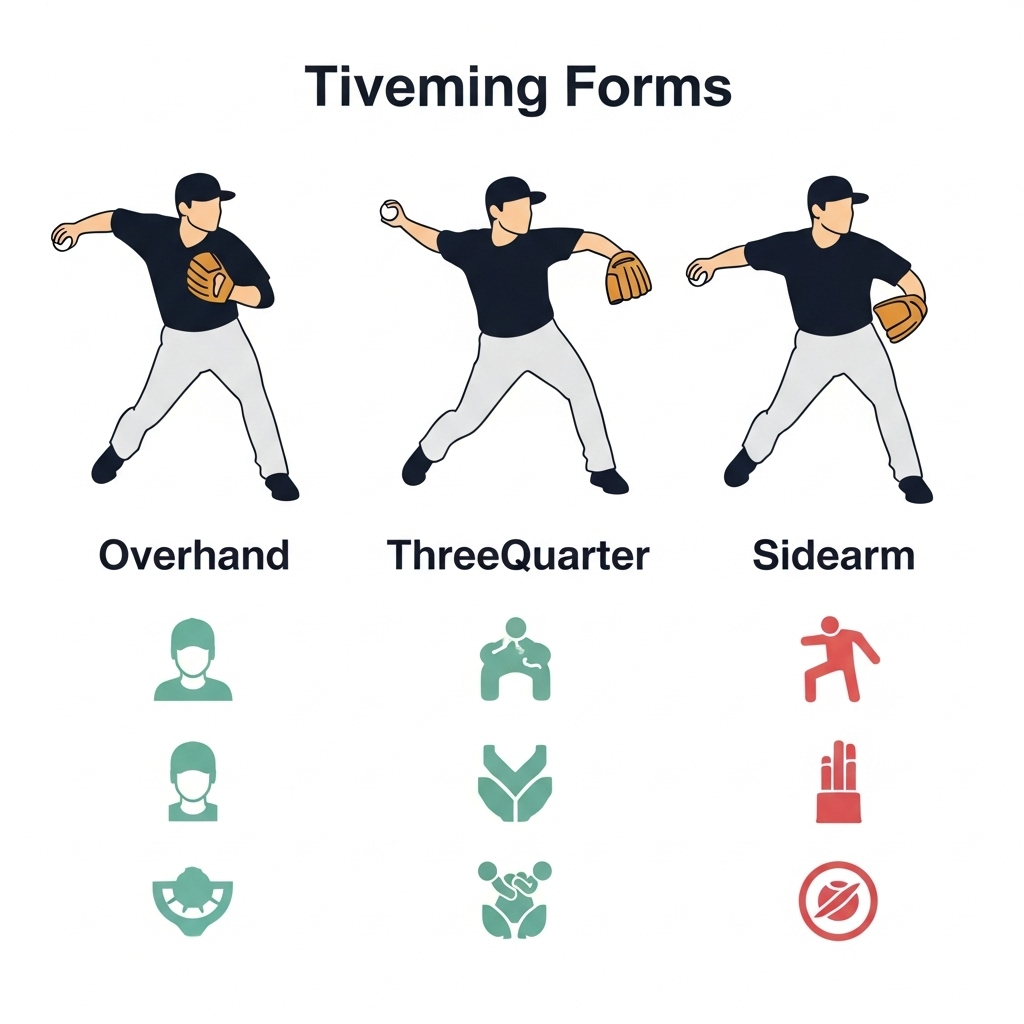 An infographic comparing three different baseball pitching forms: overhand, three-quarter, and sidearm. Each form is shown with a stylized baseball player throwing, accompanied by icons or simple illustrations depicting their advantages and disadvantages regarding power, control, and injury risk. Clean, educational style. No text.