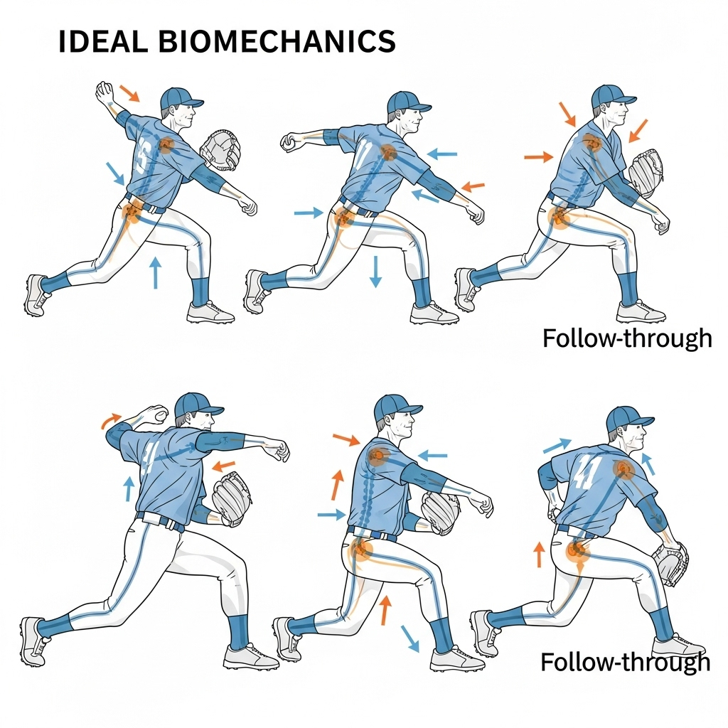 A detailed infographic showing the ideal biomechanics of a baseball pitcher during a throw, highlighting proper body rotation, arm slot, and follow-through. Arrows indicate force distribution and areas of potential stress. Clean, scientific infographic style. No text.