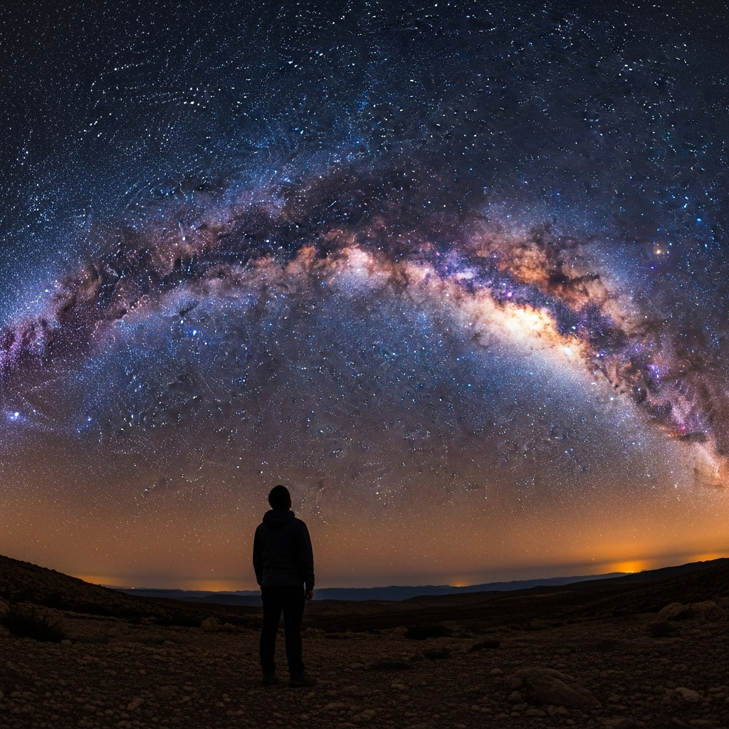A breathtaking night sky filled with countless stars and the Milky Way galaxy arching across. A sense of wonder and vastness. A person is looking up, silhouetted against the starry sky, enjoying the celestial view. Realistic, wide-angle shot, natural lighting, no text.