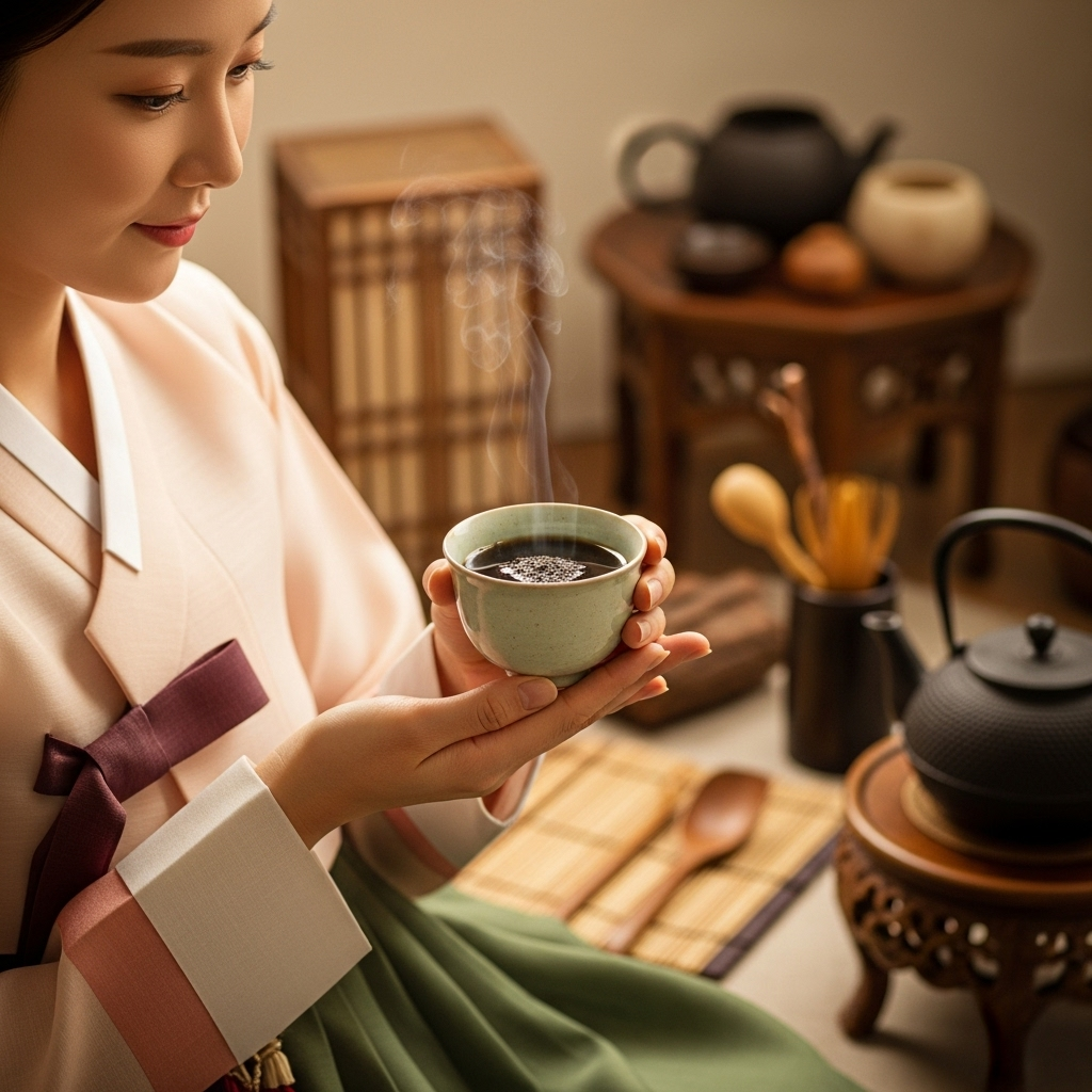 A serene scene of a Korean woman gracefully holding a traditional teacup with Pu-erh tea, steam gently rising. The background features blurred traditional Korean tea ceremony elements. Emphasize warmth and tranquility. Style: lifestyle photography. No text.