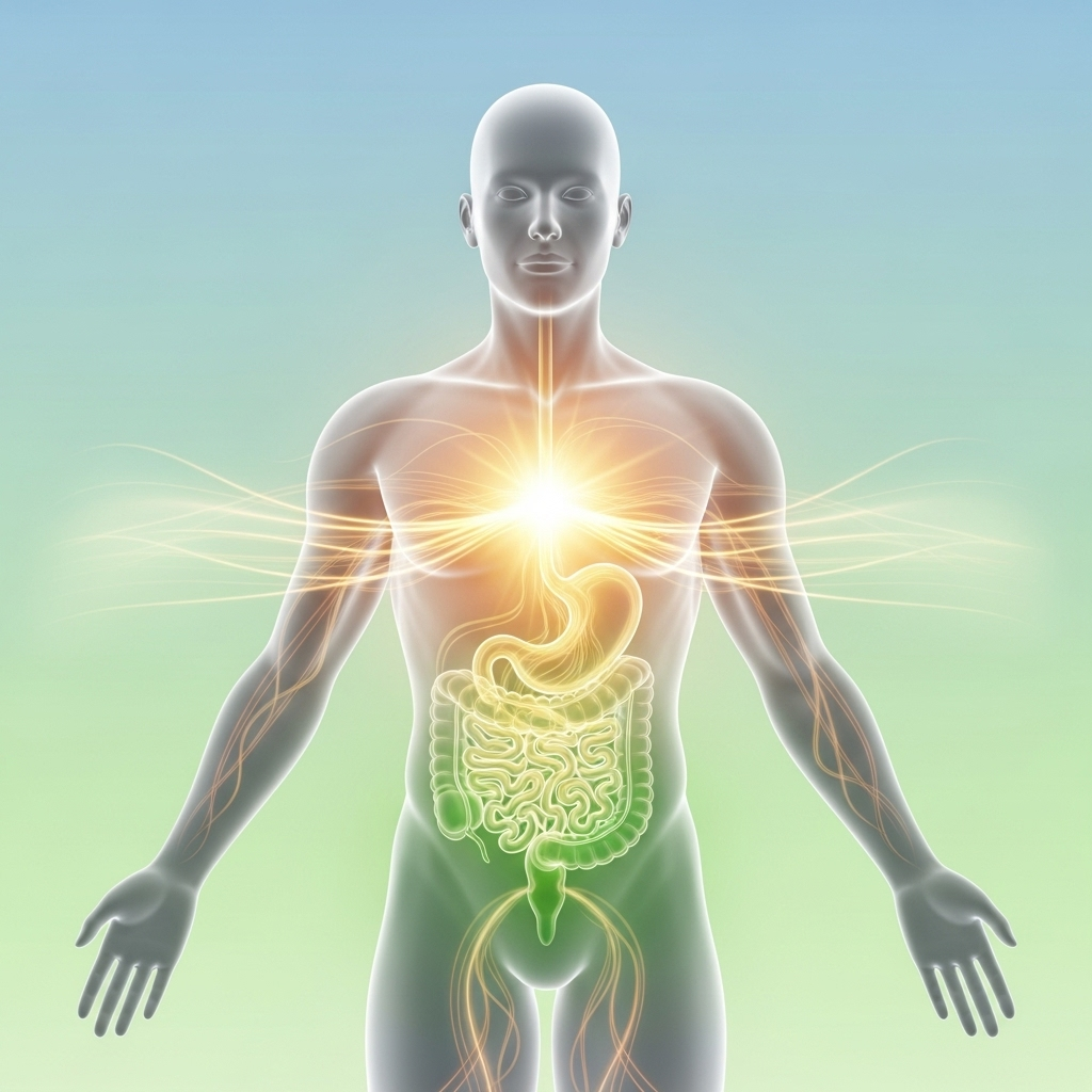 A stylized, healthy human body figure with subtle energy flowing through it, depicting detoxification, enhanced immunity, and general well-being after consuming Pu-erh tea. Use a clean and positive visual style. No text.