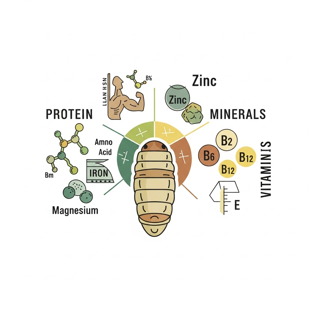 An appealing infographic showing the nutritional benefits of silkworm pupae, highlighting protein, minerals, and vitamins. The style is clean and informative, with natural colors. No text.