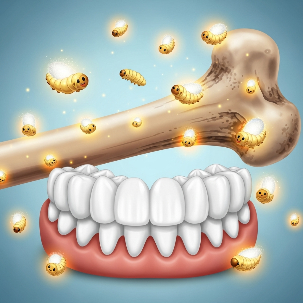 A vibrant illustration showing strong bones and teeth, with tiny silkworm pupae symbols representing calcium and phosphorus. The style is educational and friendly. No text.