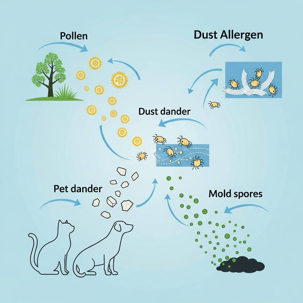 An infographic illustrating various airborne allergens like pollen (from trees, grass), dust mites, pet dander, and mold spores. Each allergen is clearly depicted with simple icons or illustrations, showing how they circulate in the air. Clean infographic style. No text in image.