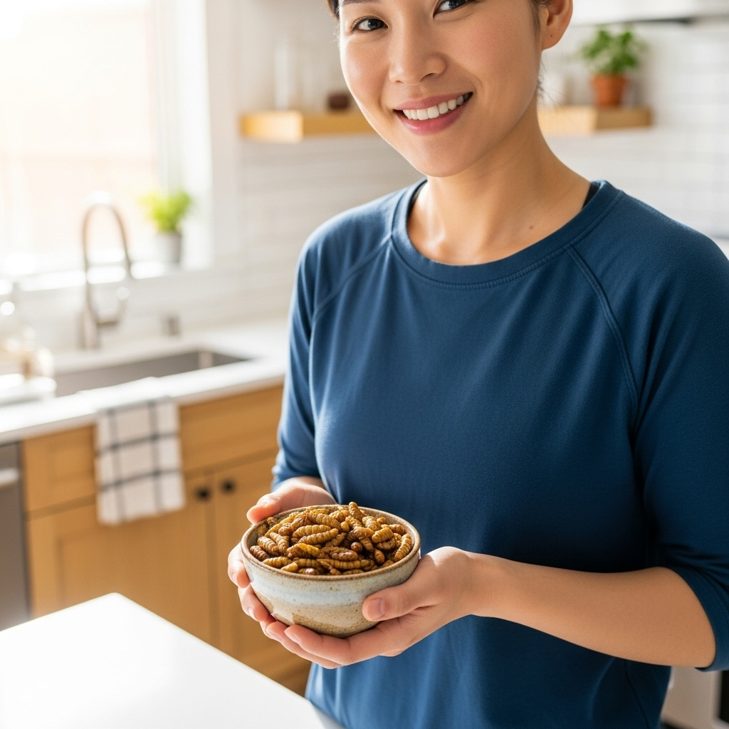 A lifestyle photograph of a person holding a small bowl of silkworm pupae, looking healthy and active. The background is a bright, clean kitchen. No text.