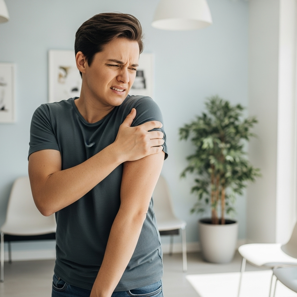 A person experiencing shoulder pain, holding their arm, looking uncomfortable. The background is a clean, modern medical setting, illustrating the initial discomfort before seeking help. Lifestyle photography, natural light, no text.