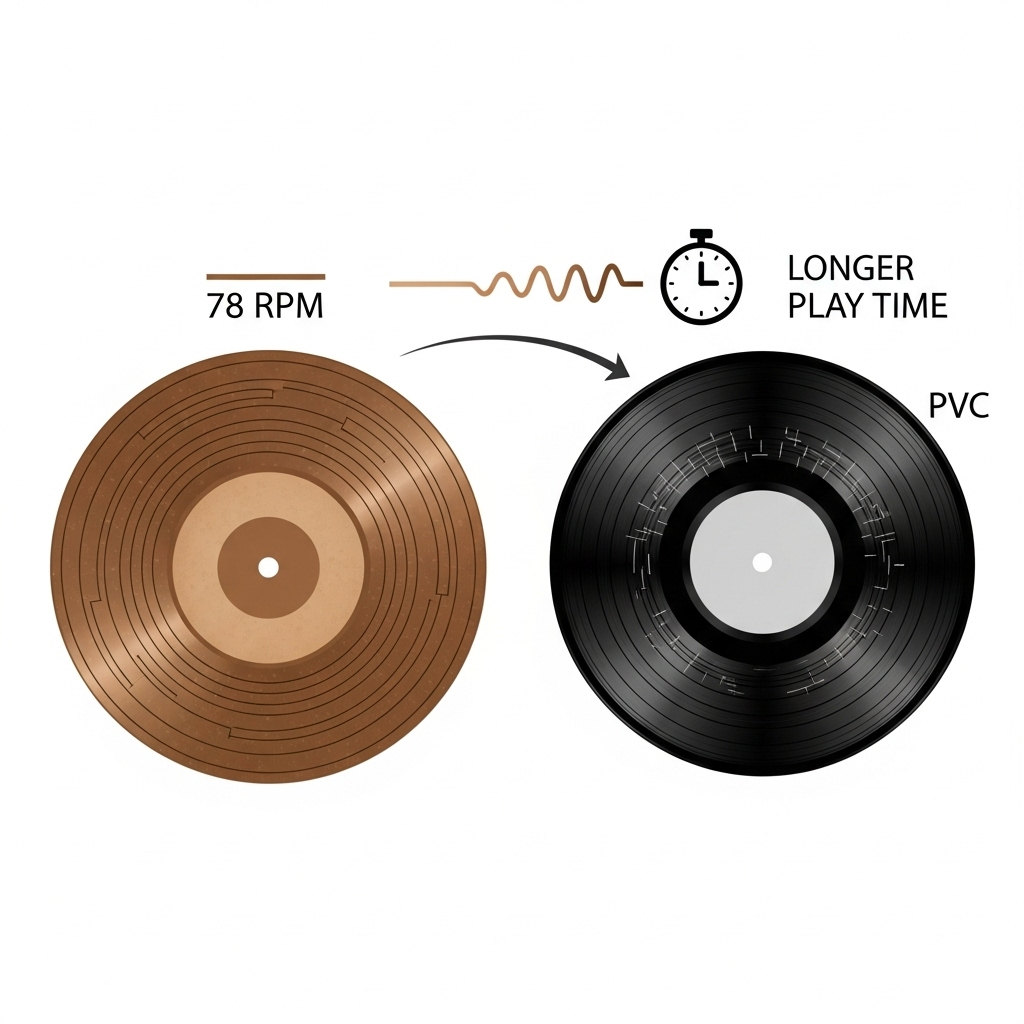 An infographic showing a comparison between a 78 RPM record and an LP record. Highlight the differences in groove density and material (shellac vs. PVC), indicating longer play time for LP. Clean infographic style. No text.
