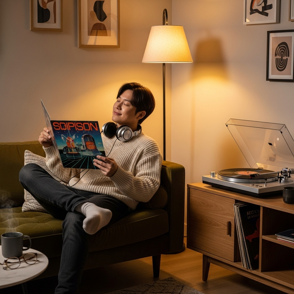 A Korean person relaxing on a sofa, listening to music on a modern record player. They are holding an LP cover, looking content. The room has warm, soft lighting, creating a comfortable analog music listening atmosphere. Lifestyle photography. No text.