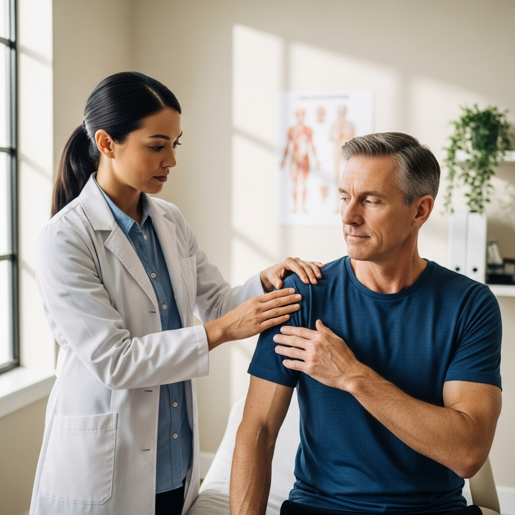 A doctor gently examining a patient's shoulder, demonstrating a physical assessment. The patient is sitting, looking attentive. The setting is a clean, modern medical clinic. Style: lifestyle photography, natural light, no text.
