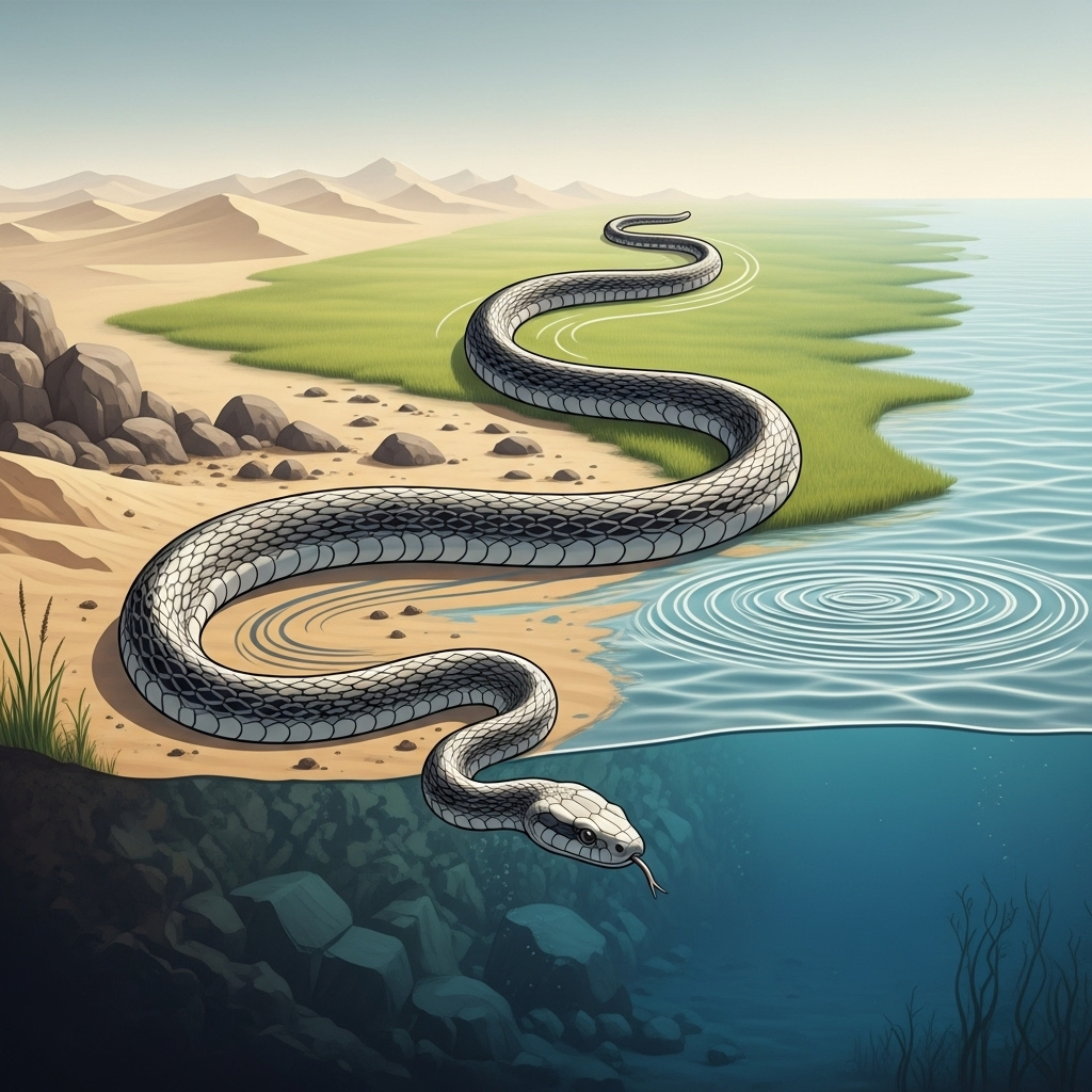 An infographic illustration showing a snake gracefully moving across diverse terrains without legs. The background includes elements of both land and water, symbolizing different environments. Clean, scientific style with flowing lines representing movement. No text.