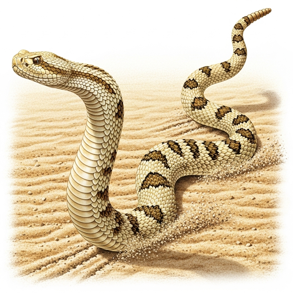 A realistic illustration of a snake performing sidewinding locomotion, forming distinct S-shaped curves on a textured ground. The snake's body dynamically pushes against the terrain, illustrating the principle of gaining forward momentum. Focus on the graceful yet powerful movement. Scientific illustration style. No text.