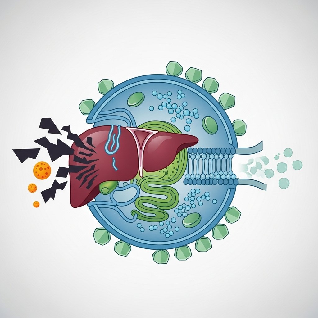 An infographic showing a liver cell actively detoxifying harmful substances, with milk thistle (silymarin) molecules reinforcing the cell membrane and enhancing glutathione levels. Illustrate toxins being processed out. Clean, scientific infographic style, no text.