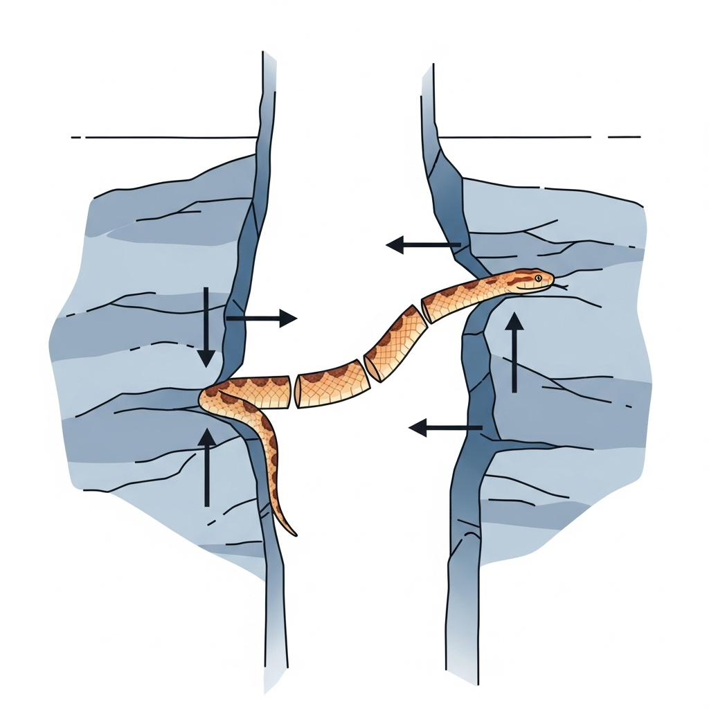 An illustration depicting a snake using concertina locomotion in a narrow space, possibly between rocks or on a tree branch. One part of its body is firmly fixed against a surface while another part extends forward, then the fixed part is pulled. The movement clearly resembles an accordion's expansion and contraction. Clean infographic style with a focus on the mechanics. No text.