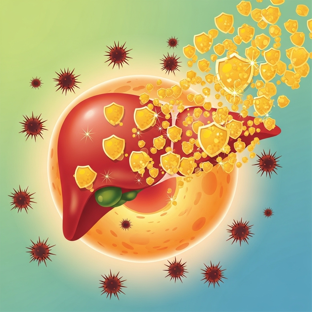 A stylized illustration depicting a liver cell being protected from oxidative stress by powerful antioxidant compounds from milk thistle. Show free radicals being neutralized by silymarin, symbolizing protection and rejuvenation. Bright, positive illustration, no text.