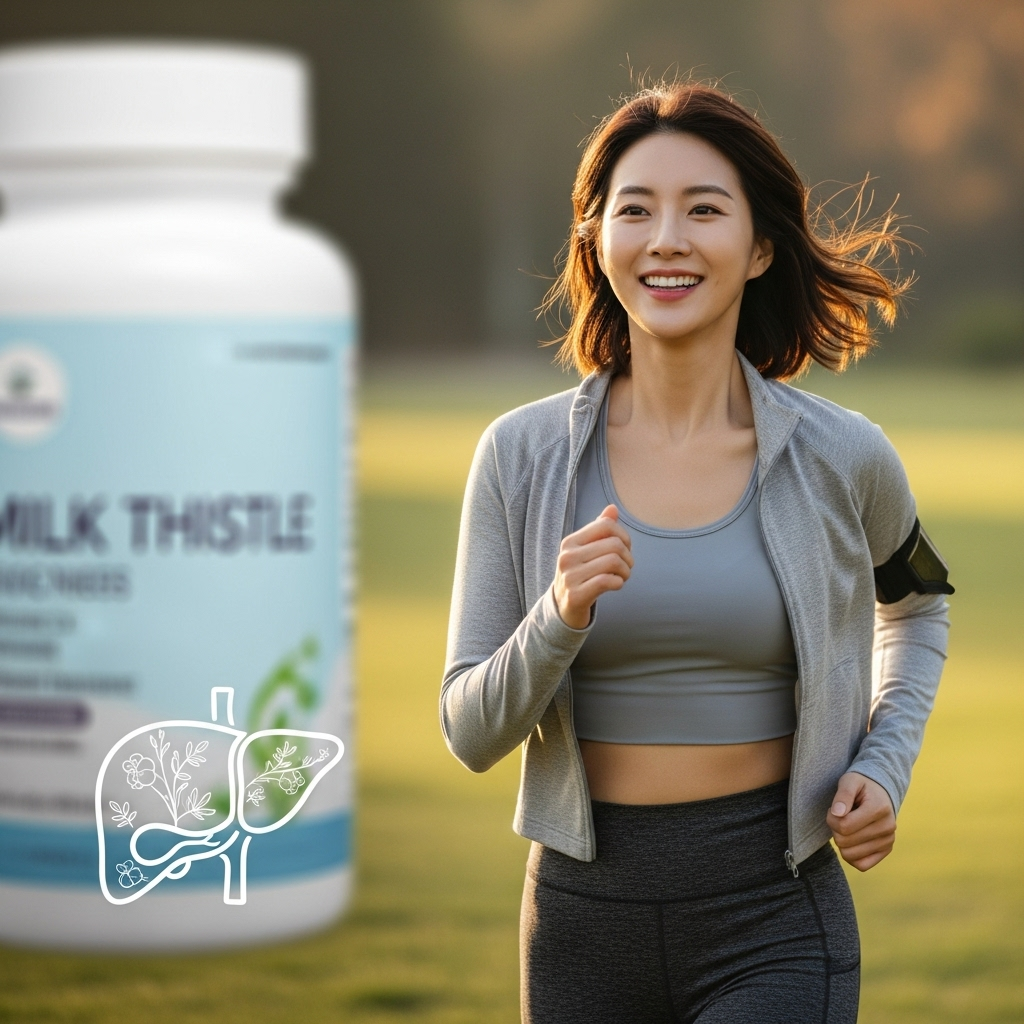 A vibrant lifestyle photography image of a healthy Korean person (man or woman) feeling energetic and refreshed, perhaps exercising or enjoying a bright day, with a subtle background visual hinting at a healthy liver or milk thistle supplement bottle. Focus on vitality and wellness. Natural lighting, no text.