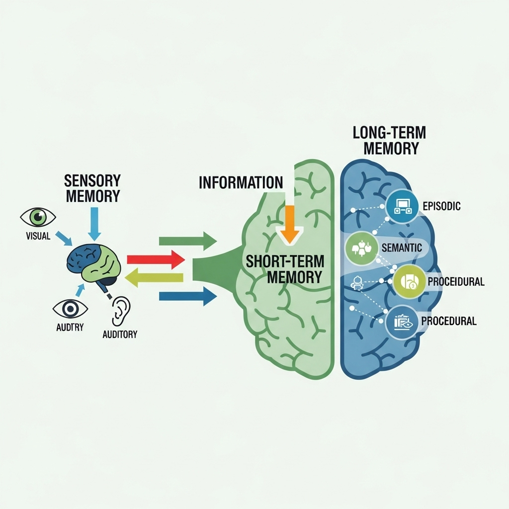 An infographic illustrating the human brain's memory process, showing distinct stages of information flow, perhaps with arrows and stylized brain regions. Use a clean, modern infographic style. No text in image.