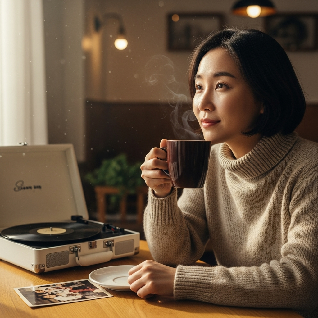 A Korean person, possibly in their 30s-40s, recalling memories triggered by various sensory cues such as a specific scent (e.g., coffee aroma), an old song playing in the background, or looking at a nostalgic photograph. The scene should convey a sense of introspection and gentle remembrance. Style: lifestyle photography. No text.