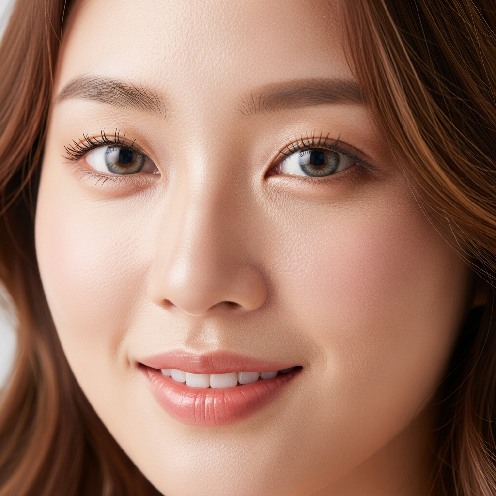 A close-up lifestyle photograph of a radiant Korean woman's face, her skin appearing dewy, plump, and healthy. Gentle light highlights the smooth texture. Focus on natural beauty and hydration. No text in image.