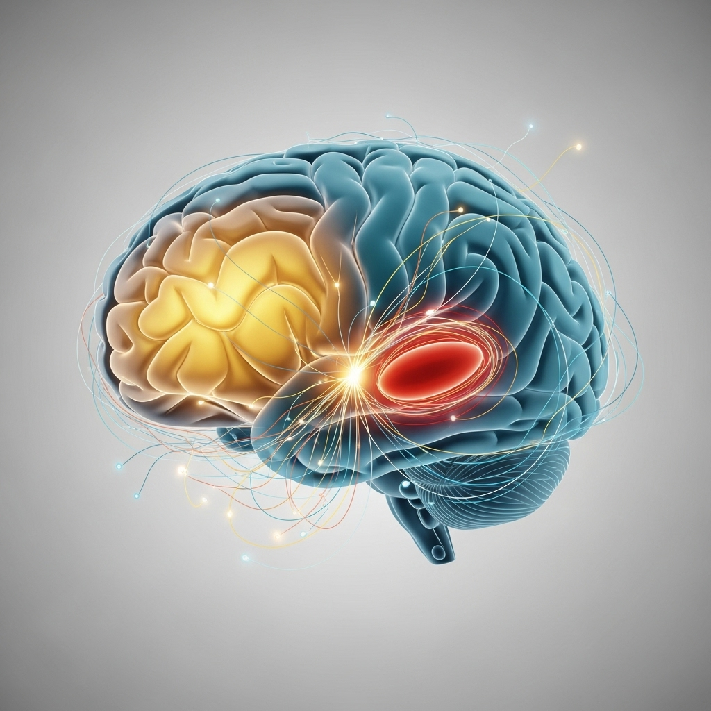 A detailed and stylized illustration of the human brain, highlighting the hippocampus, frontal lobe, and amygdala with subtle glow or distinct colors. Show how these areas are interconnected and contribute to memory formation and retrieval. Style: anatomical illustration with a modern touch. No text.