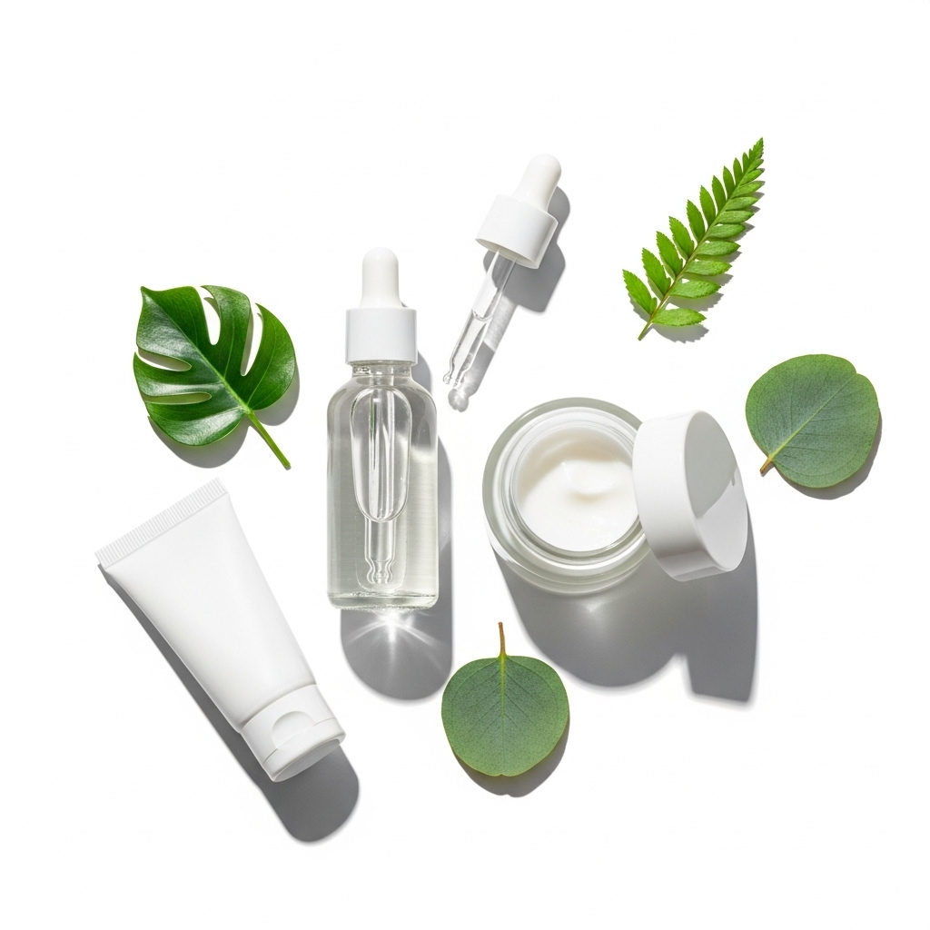 A clean, well-lit photograph showing various skincare products, including a dropper bottle with a clear liquid, placed on a white background with a few green leaves for freshness. The scene emphasizes gentle, safe skincare. No text in image.
