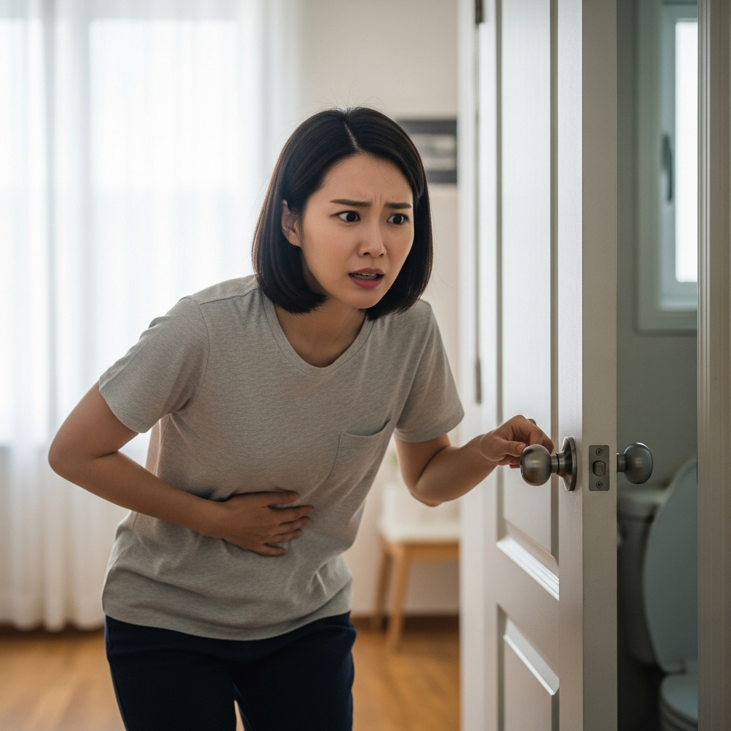 A young Korean woman frequently going to the bathroom, looking distressed due to urgent urination. The setting is a home environment. Style: lifestyle photography. No text.