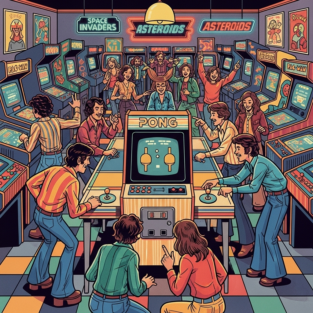 A vibrant retro arcade from the 1970s, with several people gathered around an Atari Pong machine. The scene is lively and colorful, showcasing the excitement of early video gaming. Illustration style, no text.