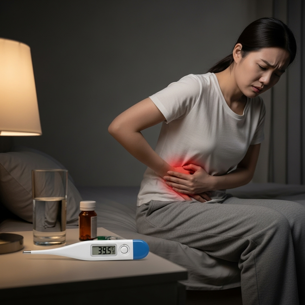 A concerned Korean woman holding her side, indicating kidney pain, with a thermometer showing fever in the foreground. The overall atmosphere suggests discomfort and illness. Style: lifestyle photography. No text.