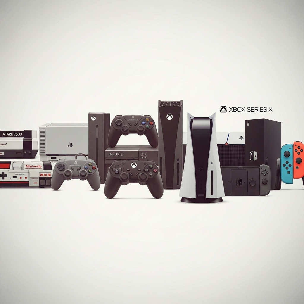 A collage of diverse home video game consoles from different eras, arranged chronologically. Starting with Atari 2600 and NES, moving to PlayStation and Xbox, and finally modern consoles. Clean infographic style with a touch of nostalgia. No text.