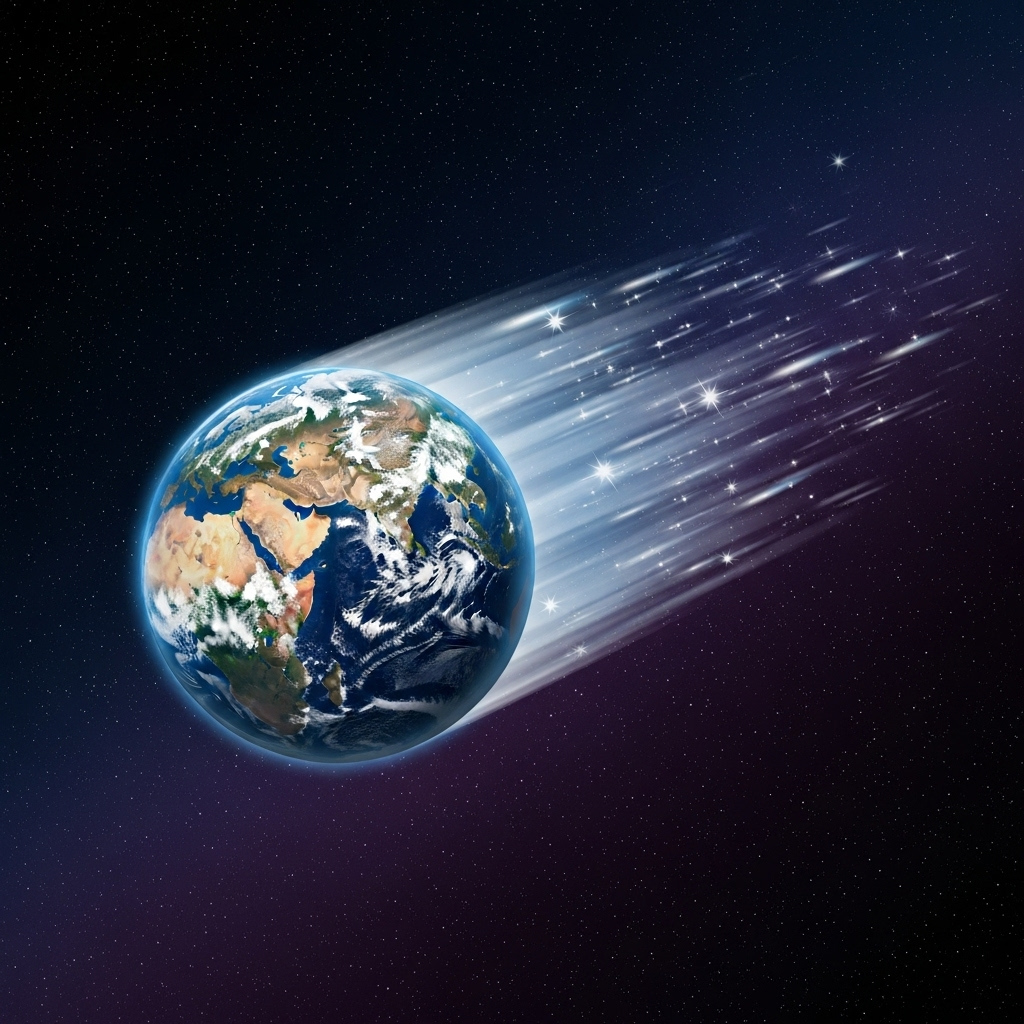 A realistic and dynamic illustration of Earth moving rapidly through space, with stars streaking by. Emphasize the sense of speed and vastness. Clean infographic style. No text.