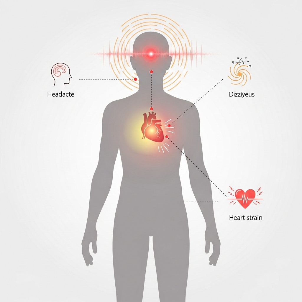An infographic illustrating silent symptoms of high blood pressure, such as a subtle headache, dizziness, and a slightly strained heart, with a human silhouette showing these areas. Use a clean, modern style with soft, warning colors. No text in image.