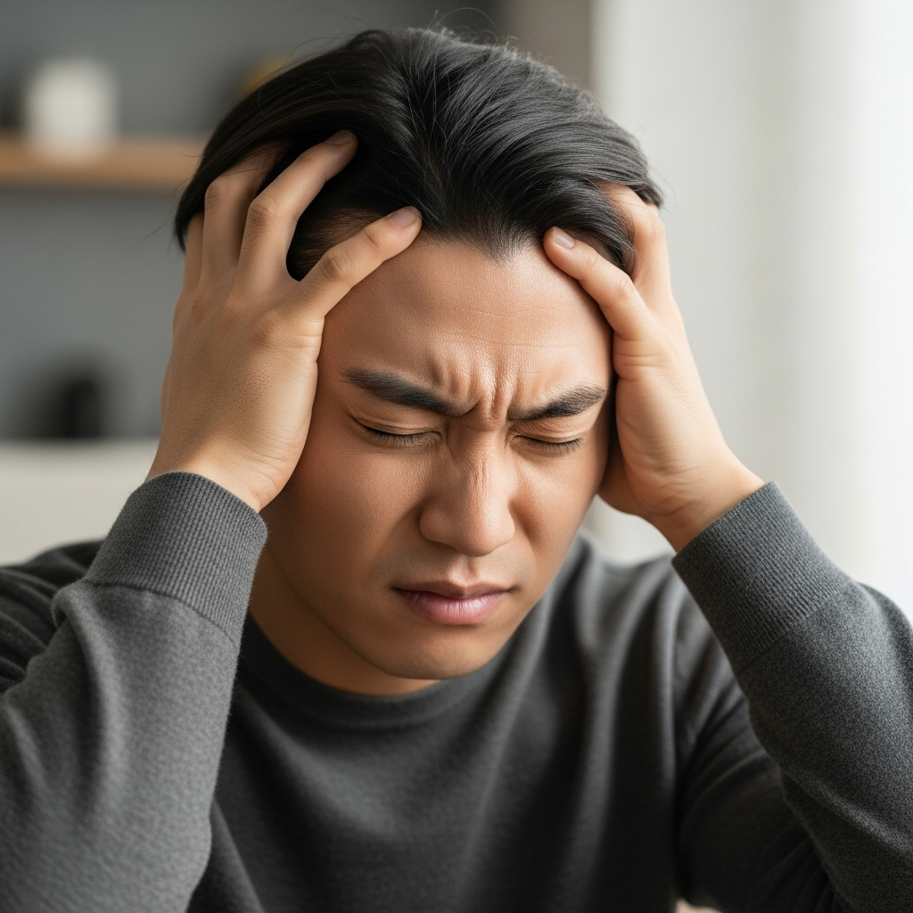 A Korean person experiencing a severe headache, clutching their head, with a focus on the back of the head or temples. The background is slightly blurred to emphasize the person's discomfort. Style: realistic lifestyle photography. No text.