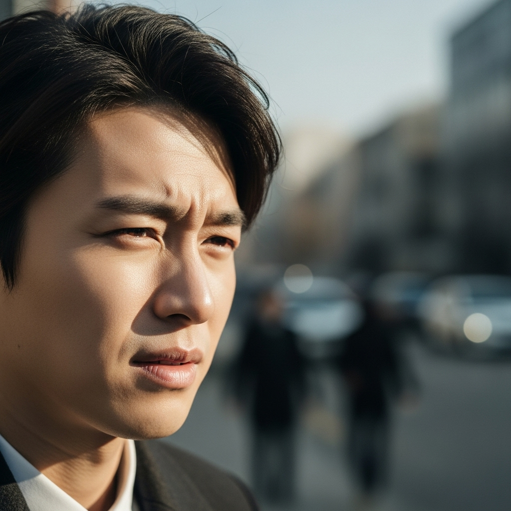 A visual representation of blurred vision, with a Korean person looking distressed or confused while trying to focus. The foreground is clear, but the background or elements the person is looking at are noticeably out of focus. Style: subtle, cinematic lifestyle photography. No text.