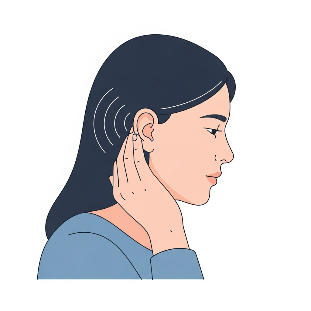 A minimalist illustration of a person experiencing tinnitus, with subtle sound wave lines emanating from their ear, showing discomfort or a ringing sensation. Use a clean infographic style with a calm color palette. No text.