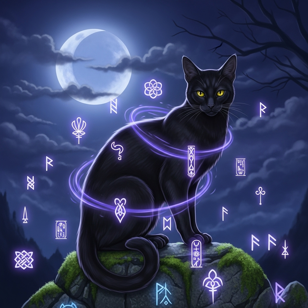 An illustration of a black cat with a mysterious aura, surrounded by subtle ancient symbols and a hint of a moonlit background, suggesting history and myth. Style: illustration. No text.