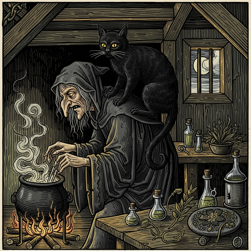 A medieval illustration depicting a black cat subtly associated with a witch figure, in a dark, slightly menacing setting, capturing the era's fear and superstition. Style: illustration. No text.