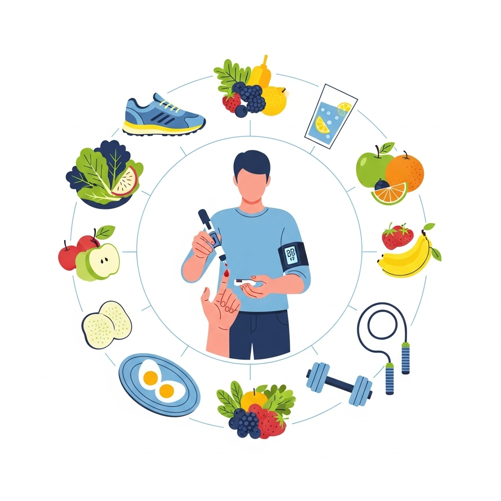 A clean infographic showing a person checking blood sugar, surrounded by healthy foods (vegetables, fruits, eggs, water) and elements representing exercise (running shoes, weights). The overall theme is blood sugar management and healthy lifestyle. Style: clean infographic. No text.