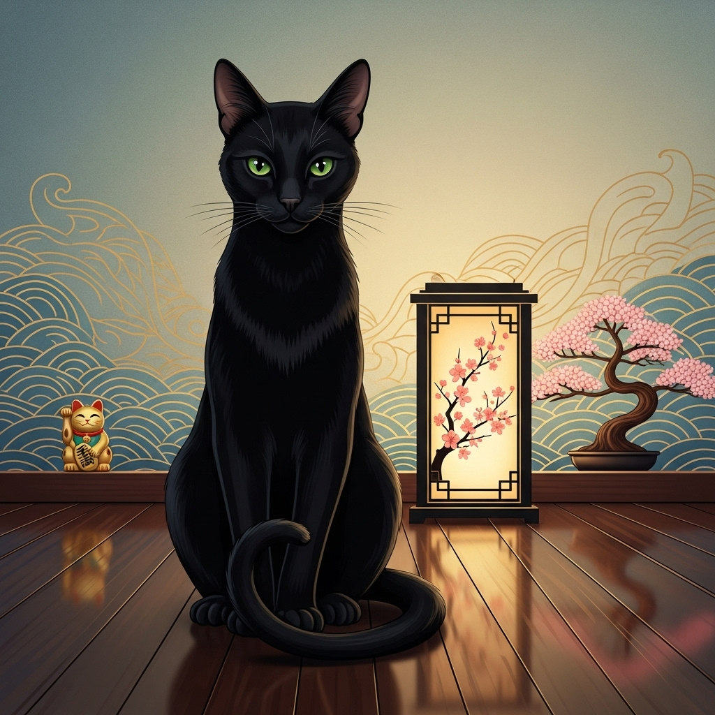 An illustration of a sleek black cat sitting gracefully, with subtle Japanese or East Asian cultural elements in the background, symbolizing good fortune and elegance. Style: illustration. No text.