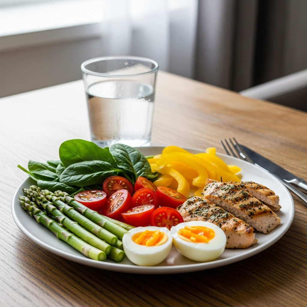 A balanced meal on a table, including a glass of water, boiled eggs, and a low-carb, low-sugar plate with vegetables and lean protein. Emphasize healthy eating for blood sugar control. Style: lifestyle photography. No text.