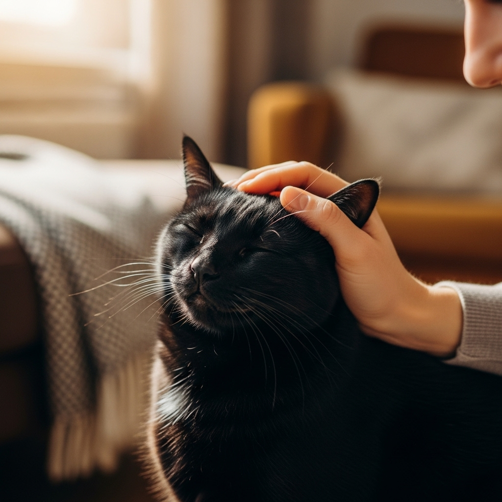 A heartwarming lifestyle photograph of a beautiful black cat being gently petted by a person, in a cozy indoor setting, highlighting the bond between pets and humans. Natural lighting, focus on affection. No text.