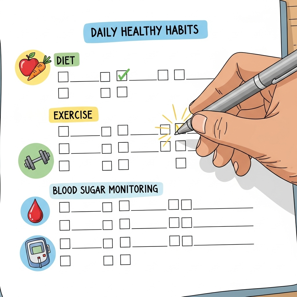 A person marking a checklist or planner for daily healthy habits related to diet, exercise, and blood sugar monitoring, showing consistency and progress. A sense of achievement and a healthy future. Style: clean infographic with a personal touch. No text.