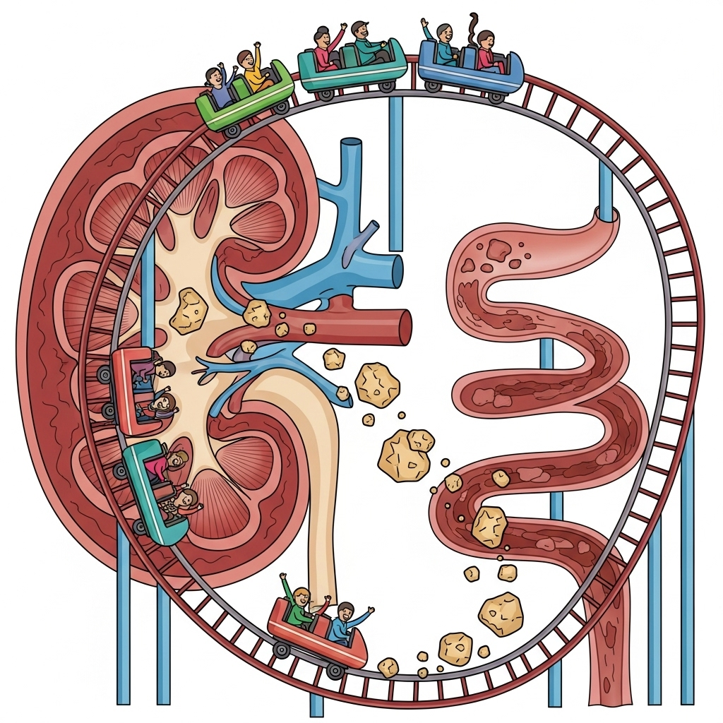 An imaginative and dynamic illustration of a roller coaster track winding through a human kidney, with small kidney stones being dislodged and moving out. The style is a clean infographic with vibrant colors, illustrating both the fun of a roller coaster and a scientific concept. No text in image.
