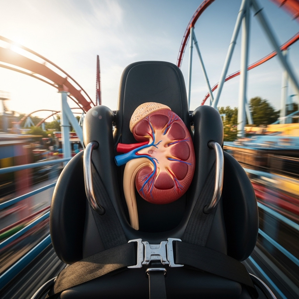 A realistic image showing a sophisticated silicone model of a human kidney securely placed inside a roller coaster seat. The roller coaster is in motion on a sunny day at a theme park. Focus on the detail of the artificial kidney and the dynamic movement. Lifestyle photography style. No text in image.