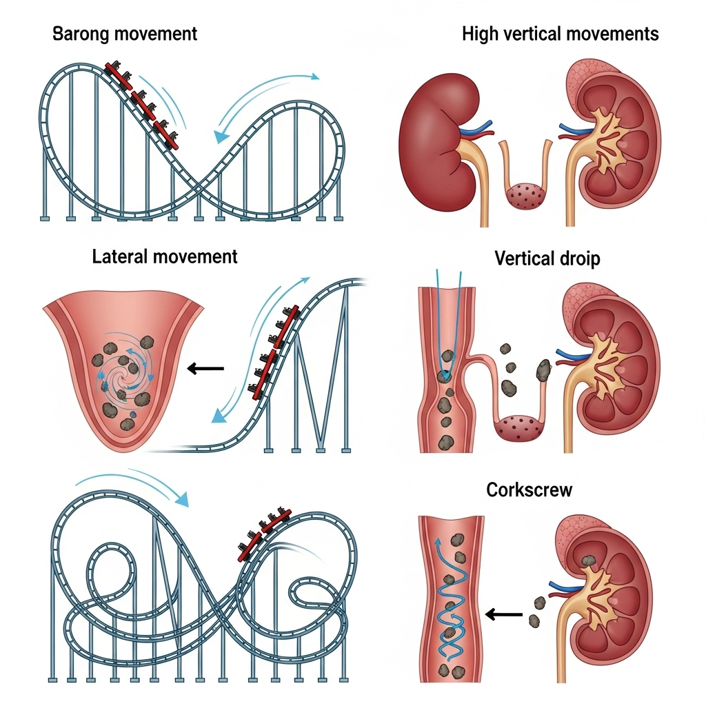 A visually engaging infographic illustrating different types of roller coasters (e.g., one with strong lateral movements, another with high vertical drops). Show how the specific movements inside the kidney affect the movement of kidney stones. Use a clean, scientific infographic style with clear distinctions. No text in image.