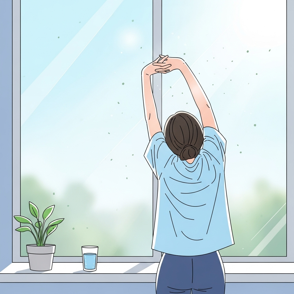 A vibrant illustration of a person gently stretching in the morning light, near a window, with a glass of water nearby. Emphasize a calm and refreshing atmosphere. Style: clean infographic. No text.