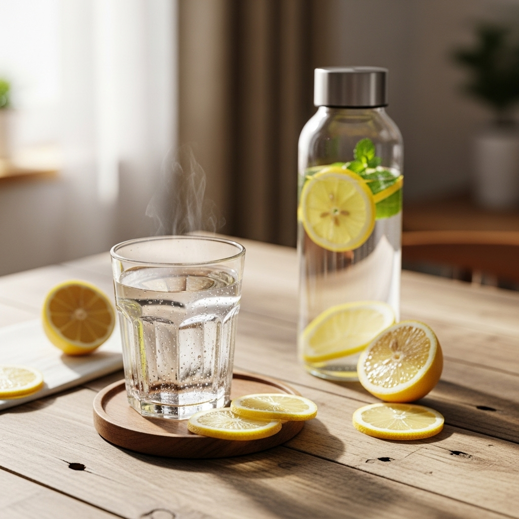 A refreshing lifestyle photography scene with a glass of warm water, a stylish water bottle, and a few slices of lemon on a wooden table. Soft, inviting light. No text.