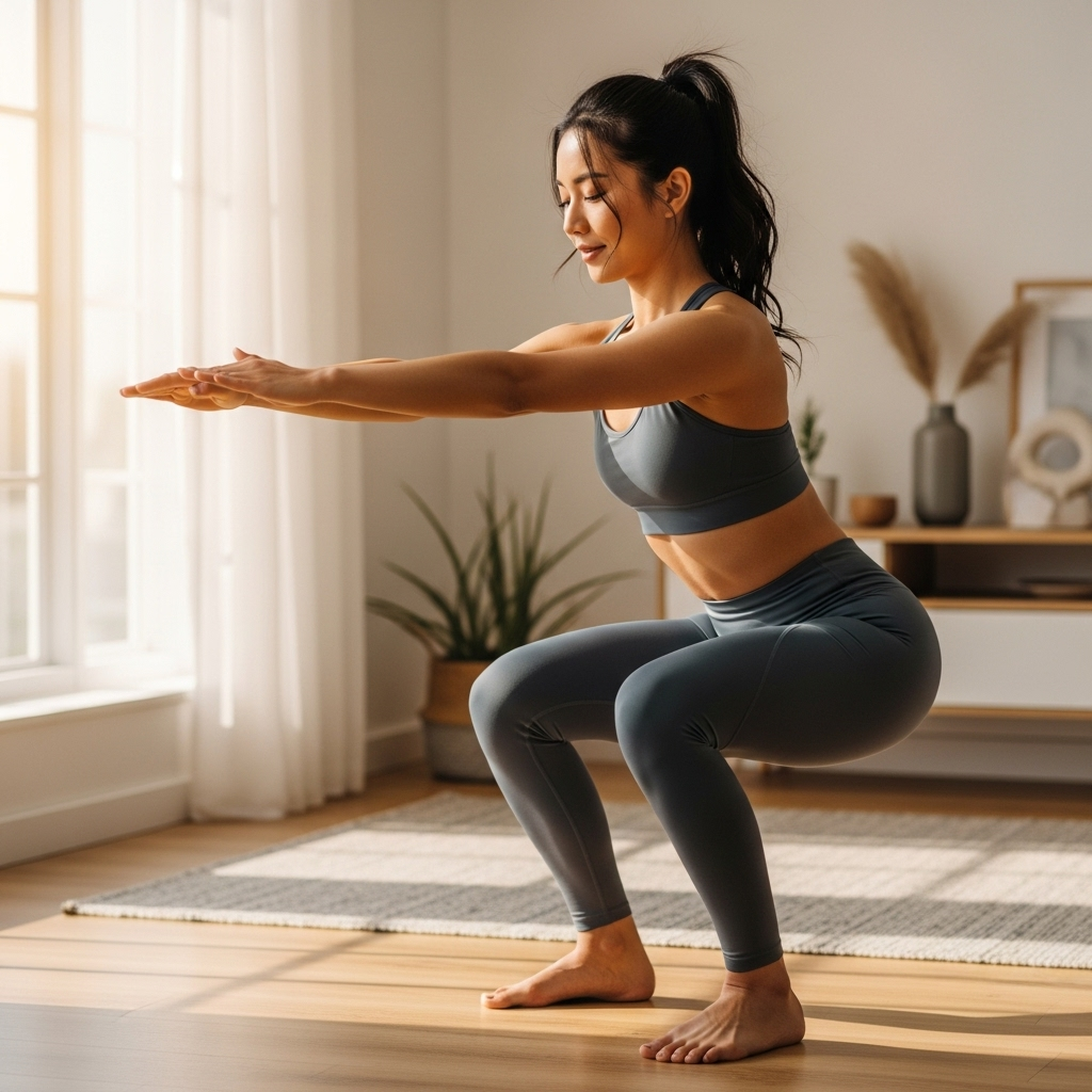 A dynamic lifestyle photography scene of an Asian woman doing light strength training (e.g., bodyweight squats) in a bright, modern living room. Focus on natural movement and a fit physique. No text.