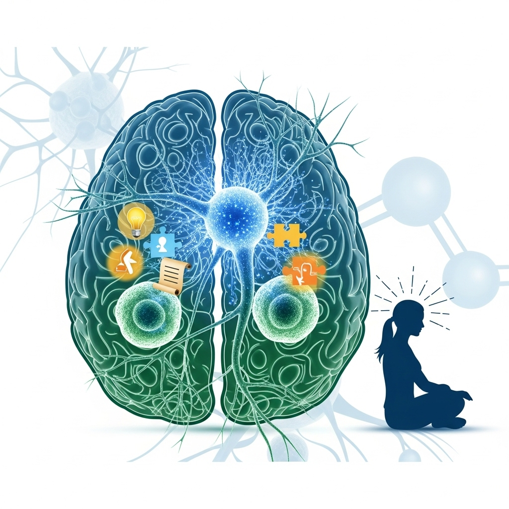 A detailed infographic illustrating the role of phosphatidylserine in brain health. Show brain cells with enhanced connections, memory symbols, and a calm, focused person. Clean, scientific style. No text.