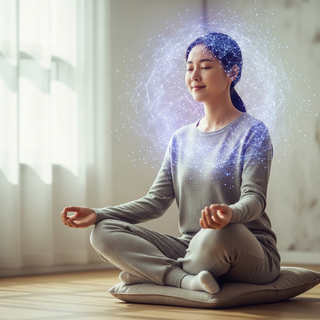 A calm and focused Korean person sitting peacefully, surrounded by subtle glowing brain connections. The atmosphere is serene, suggesting stress relief and mental clarity. Lifestyle photography style. No text.