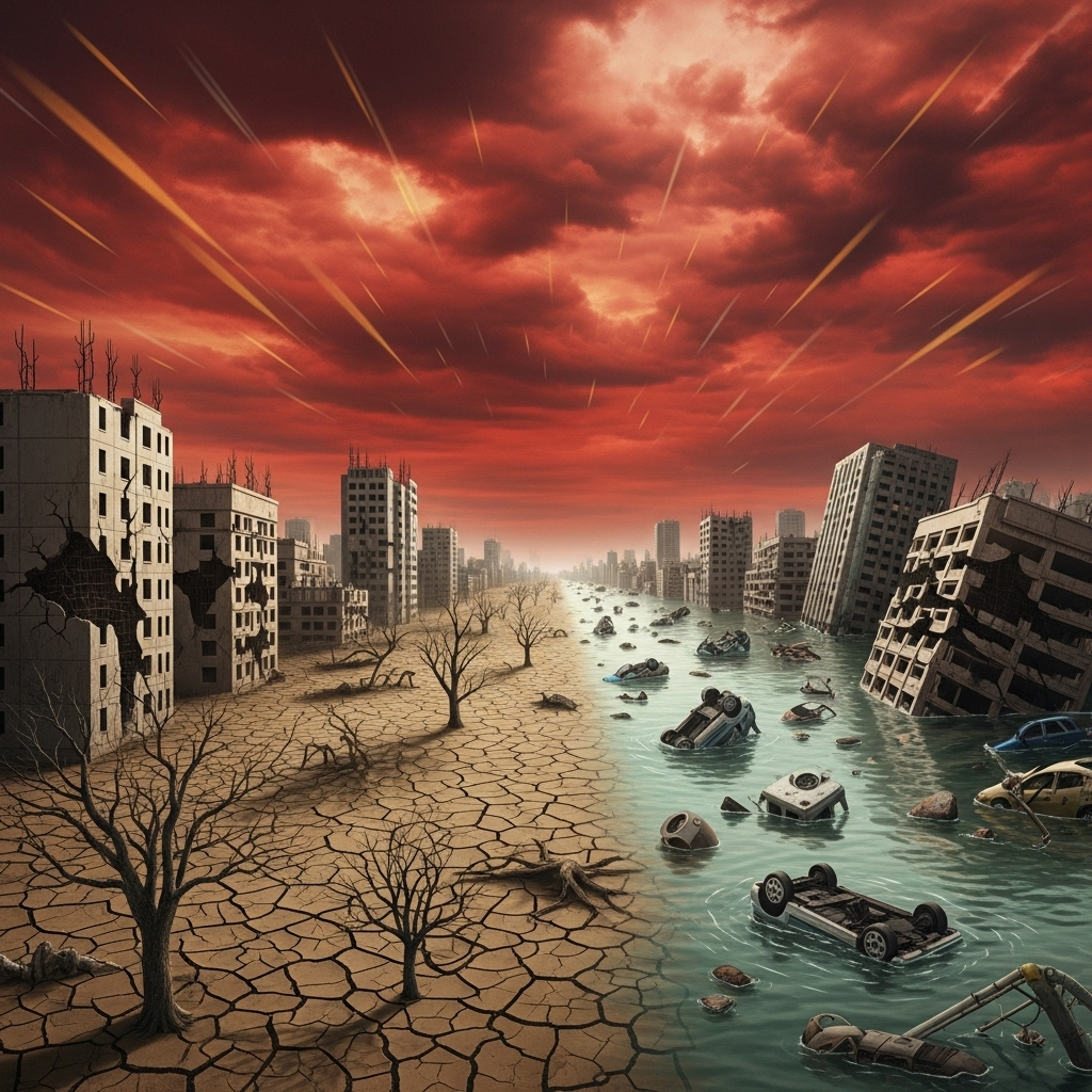A cityscape suffering from extreme weather – a mix of severe drought and flooding in different areas, with a chaotic, reddish sky. Buildings are partially submerged or cracked. Style: post-apocalyptic, environmental disaster illustration, no text.