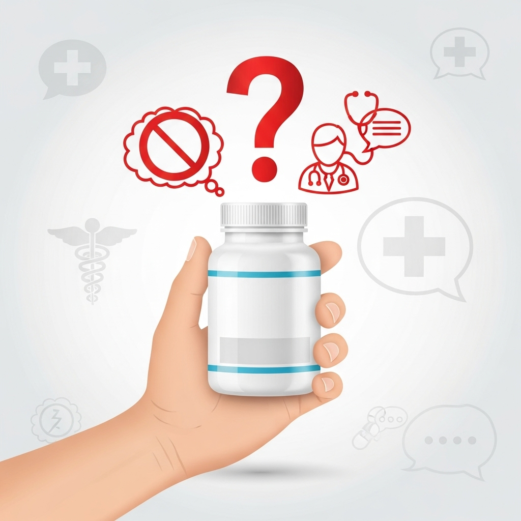 An infographic showing a hand holding a supplement bottle, with warning signs like 'No text' and question marks above it. Emphasize caution and consultation with a doctor. Clean, informative style. No text.